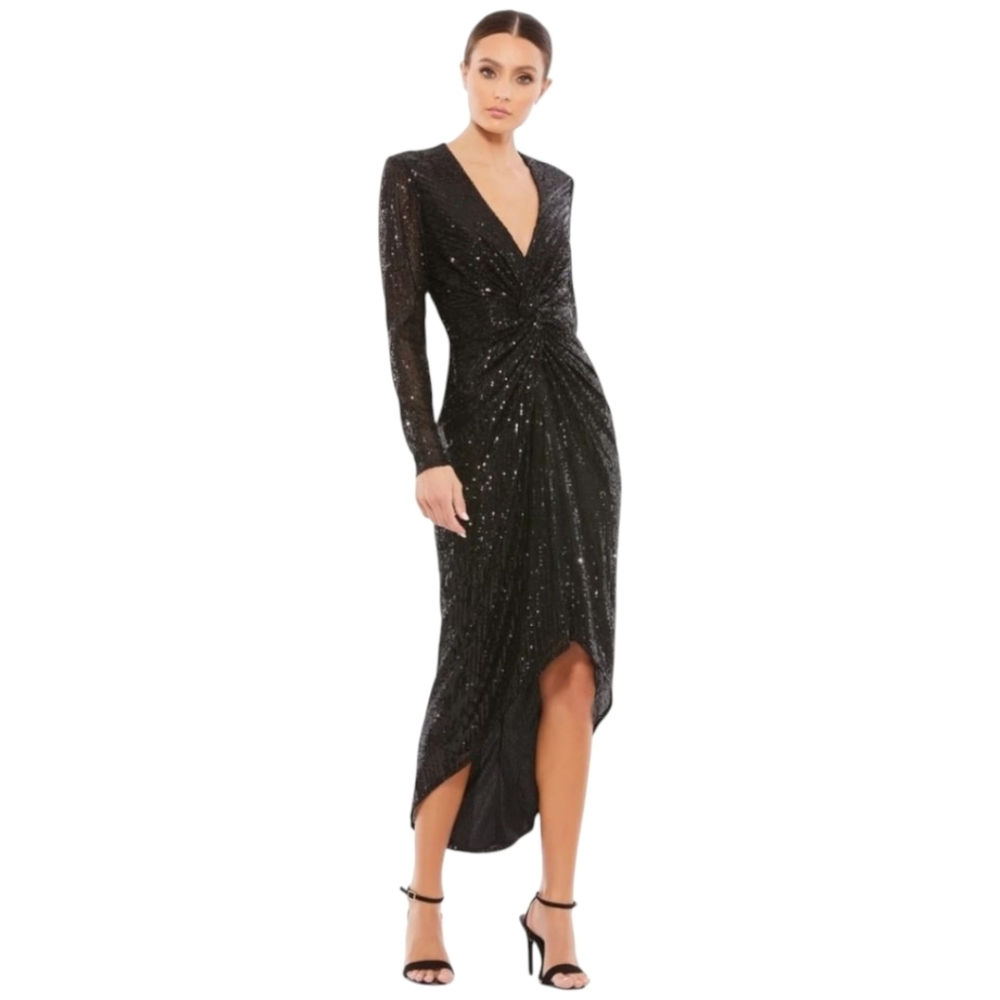 Ieena for Mac Duggal, Sequined Knotted Long sleeve Midi Dress, Black,Size 2, NWT